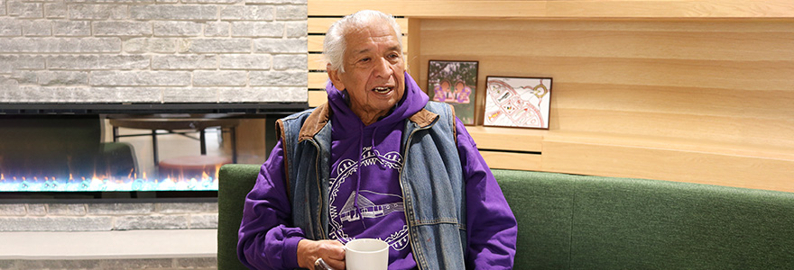 Elder Bruce Sitting in the Smudge Lounge at the Wampum Learning Lodge